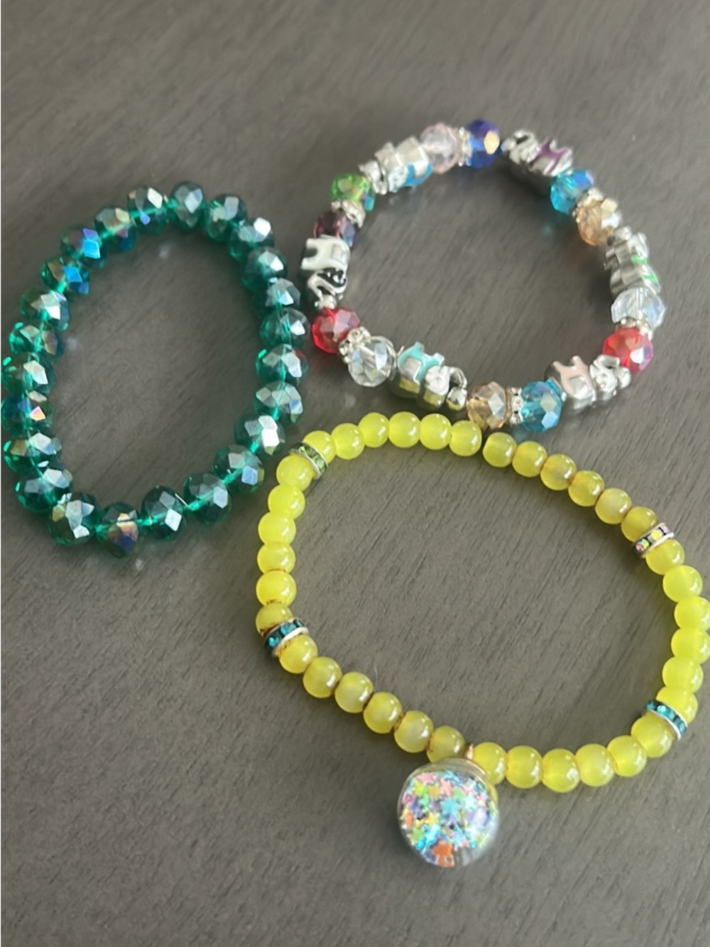 Set of 3 Beaded Stretch Bracelets - Yellow, Emerald & Multicolor